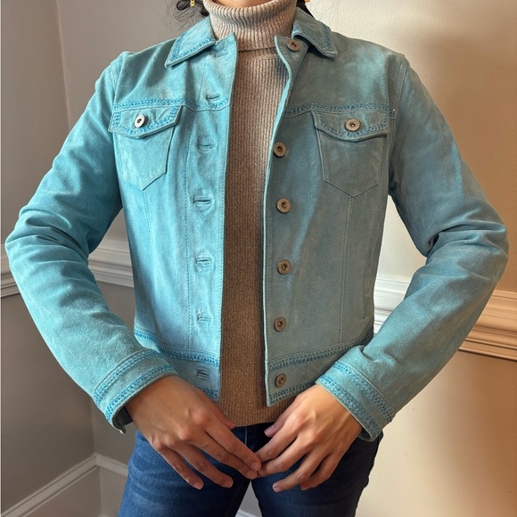 ISO Womens Y2K‎ Vintage Suede Beaded Embroidered Suede Turquoise Jacket - Small - Picture 1 of 11